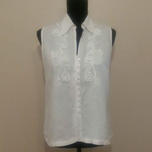 Tweeds Womens White Linen Embellished Top Size M